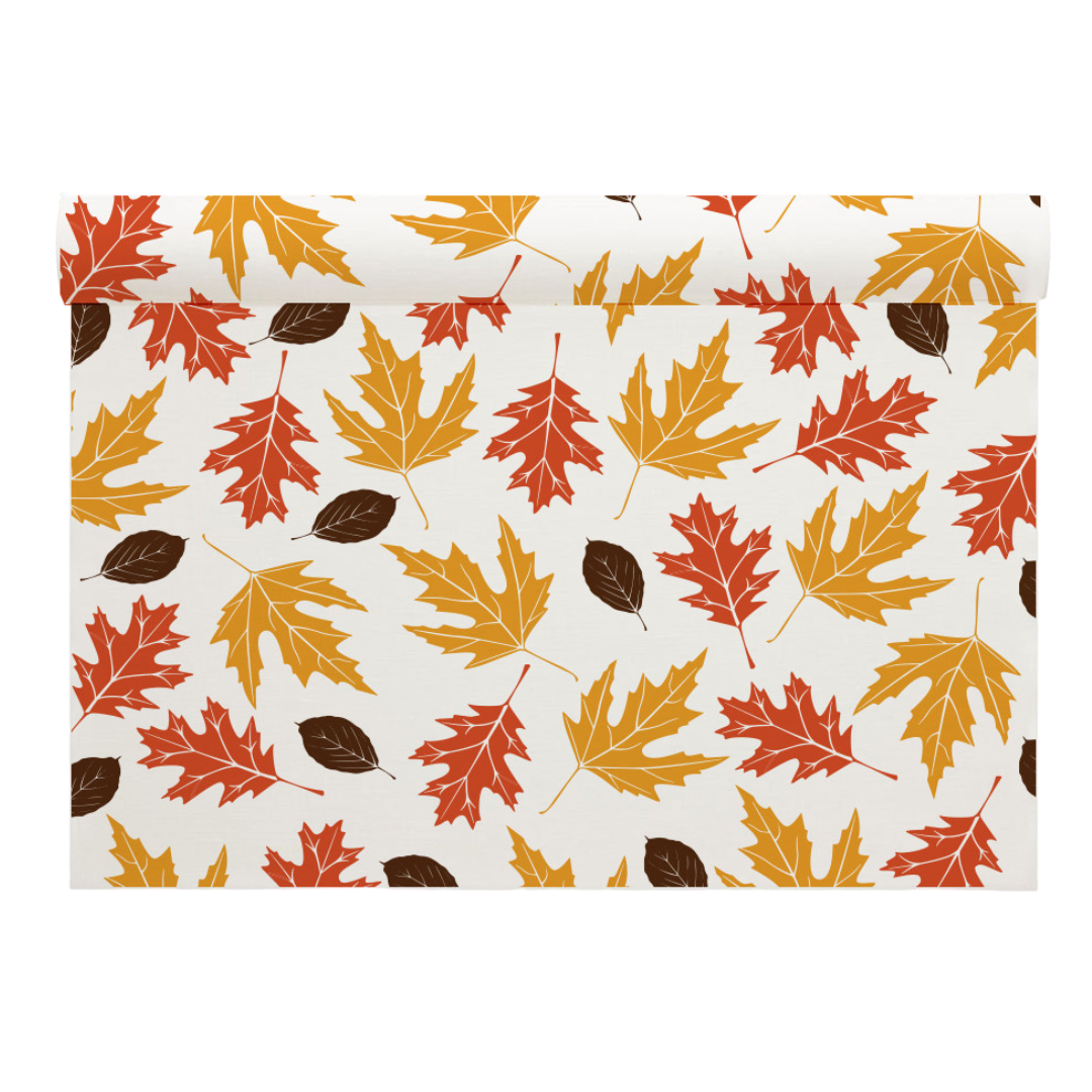 Organic cotton placemat with autumn leaves in Persimmon, Toreador, and Anthracite Grey