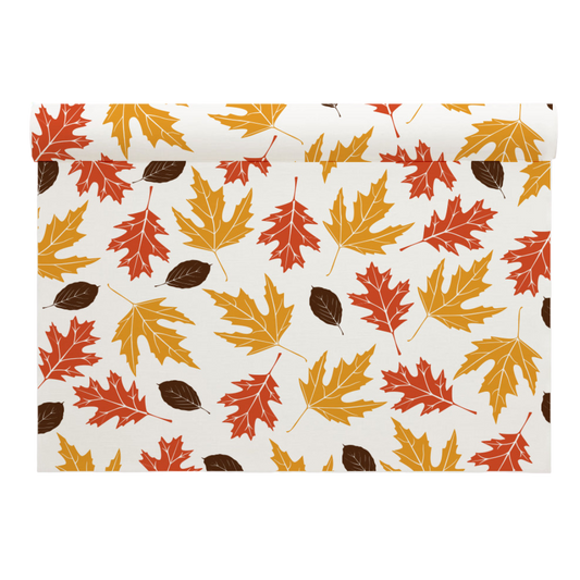 Organic cotton placemat with autumn leaves in Persimmon, Toreador, and Anthracite Grey