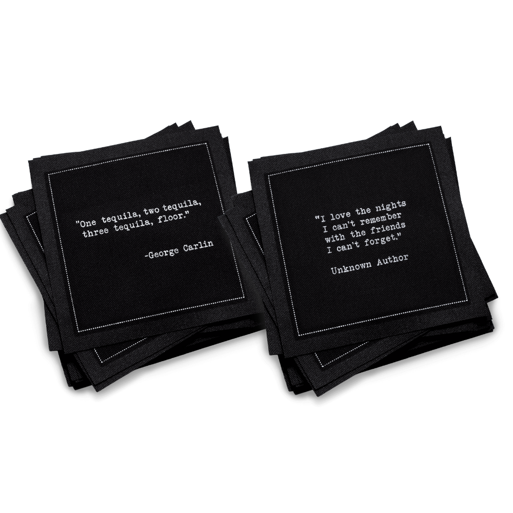Luxury black cocktail napkins with fun party quotes, organic cotton, Five Star Napkins