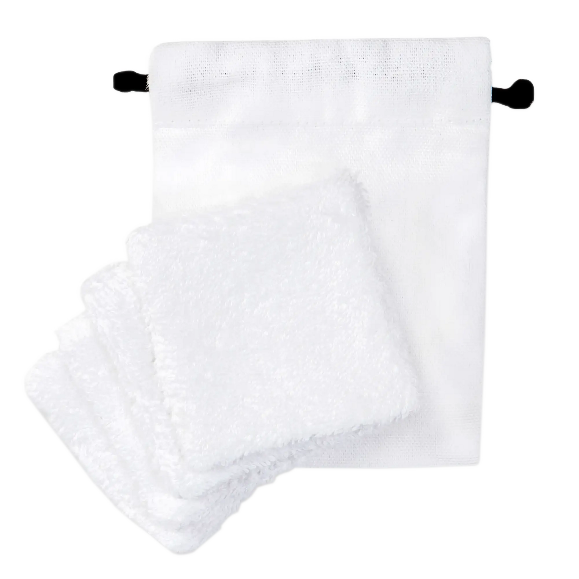 Set of four white organic cotton pads with a matching drawstring pouch
