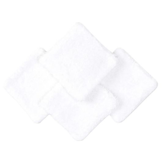 Four white organic cotton square pads with visible soft texture, stacked diagonally