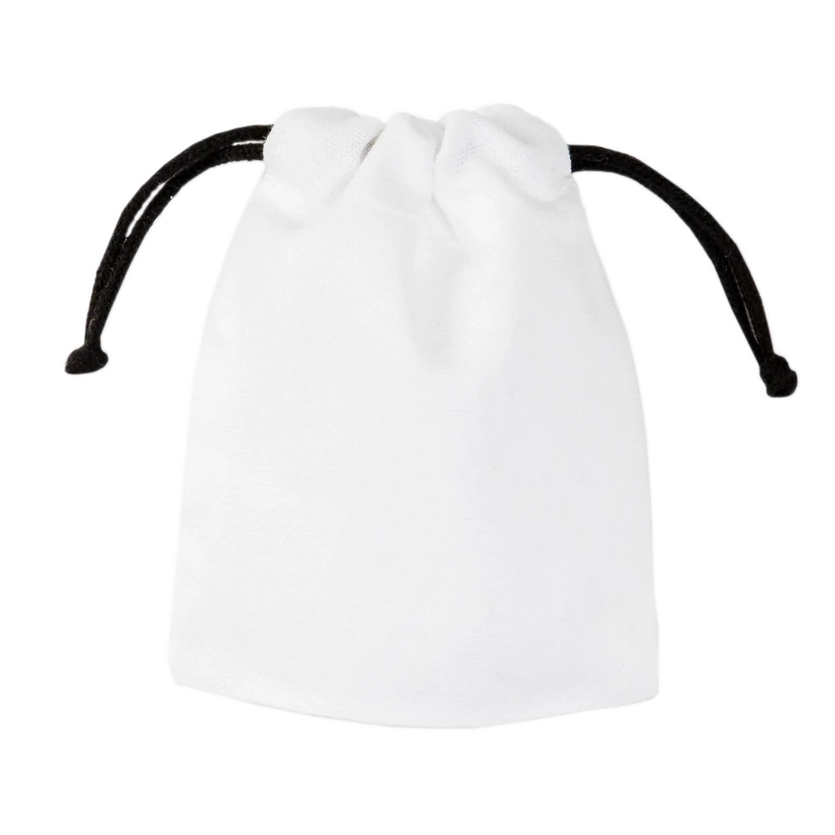 White organic cotton drawstring pouch with black cords, empty and plain background