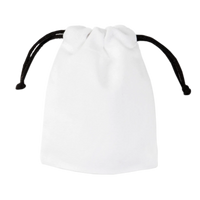 White organic cotton drawstring pouch with black cords, empty and plain background