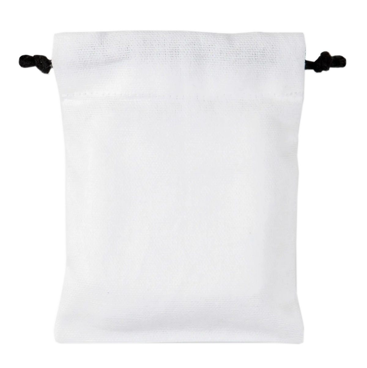 White organic cotton pouch with black drawstrings, plain background