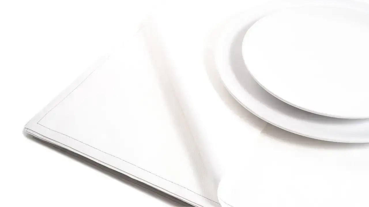 Five Star Napkins White Premium Dinner Napkins, folded white napkin detail on table setting, 15.8" x 15.8", Single Use, 25 Units Per Case
