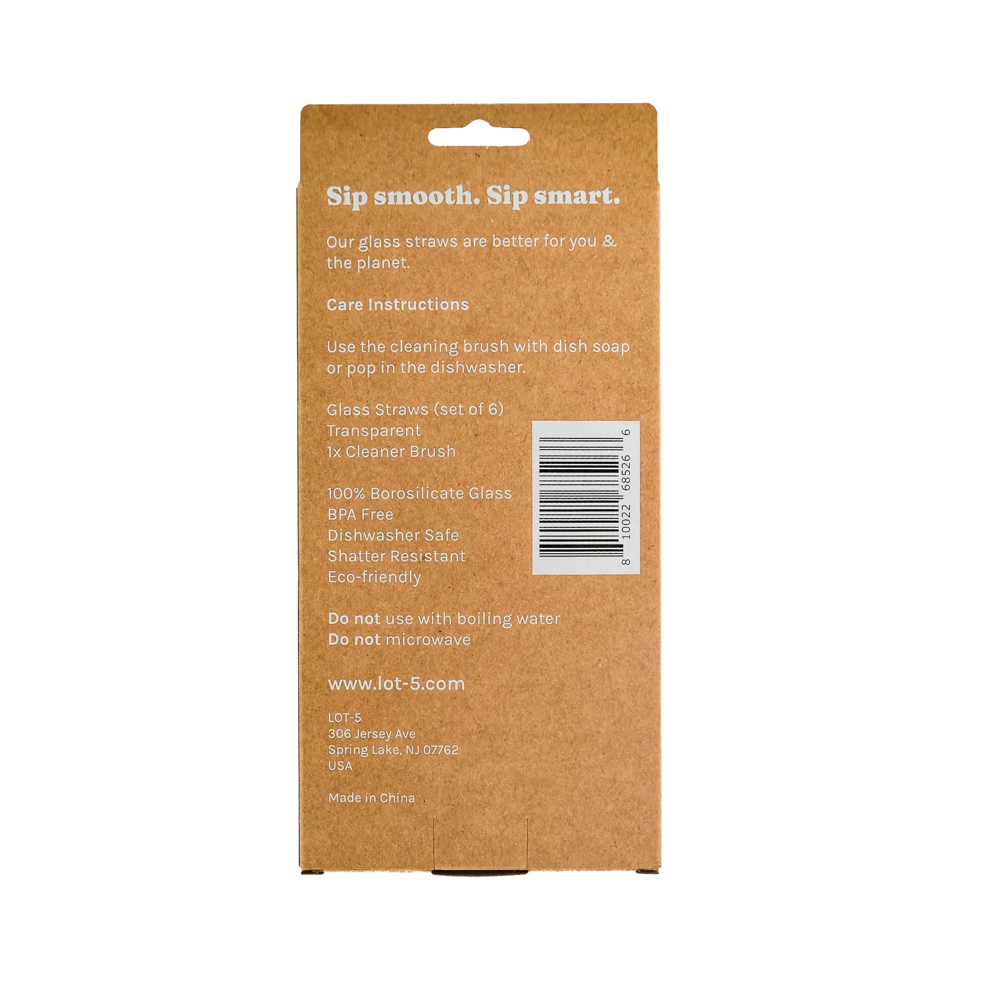 Brown cardboard package back with care instructions for glass straws, barcode, and printed text.