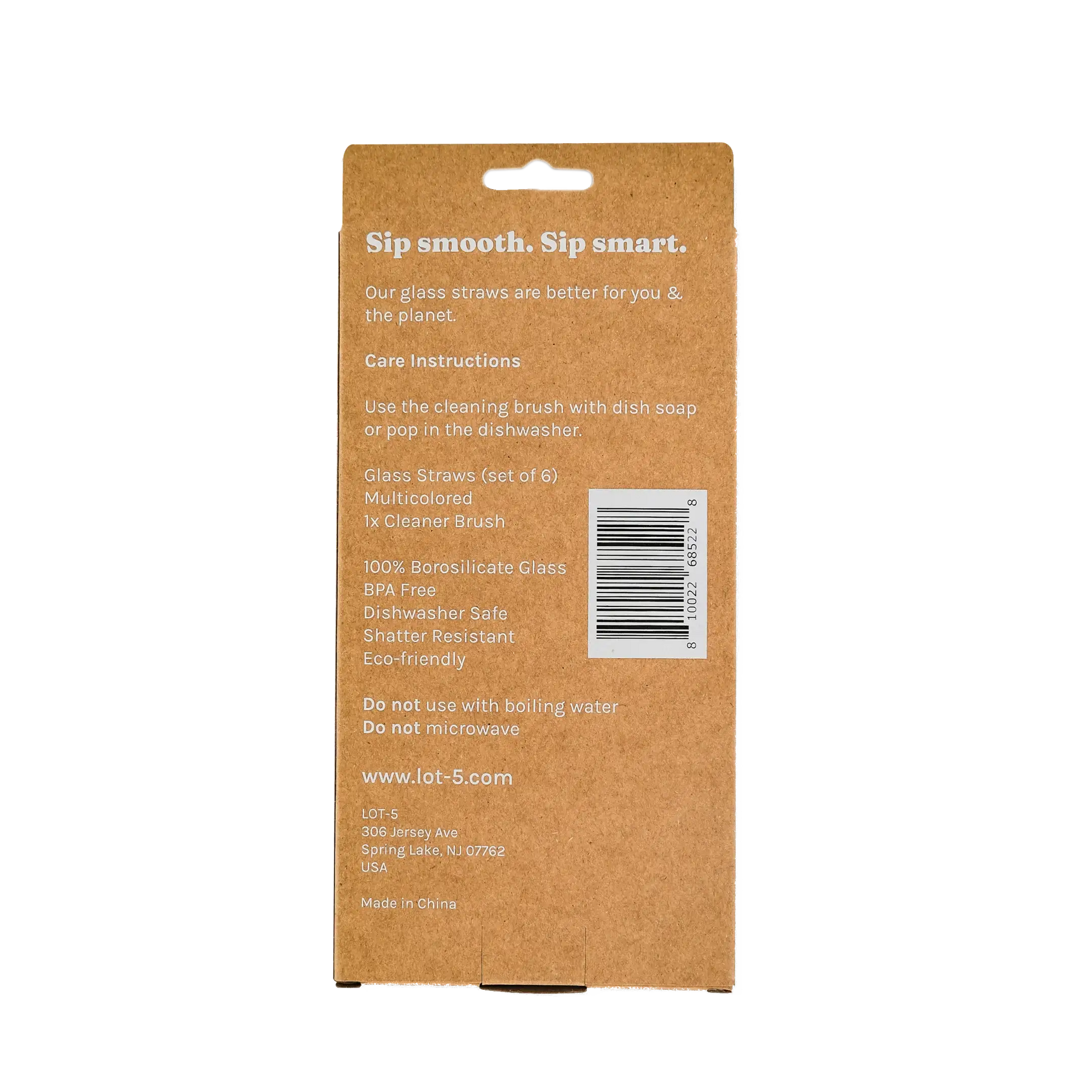 Back of cardboard packaging with care instructions for multicolored glass straws, barcode, and text.