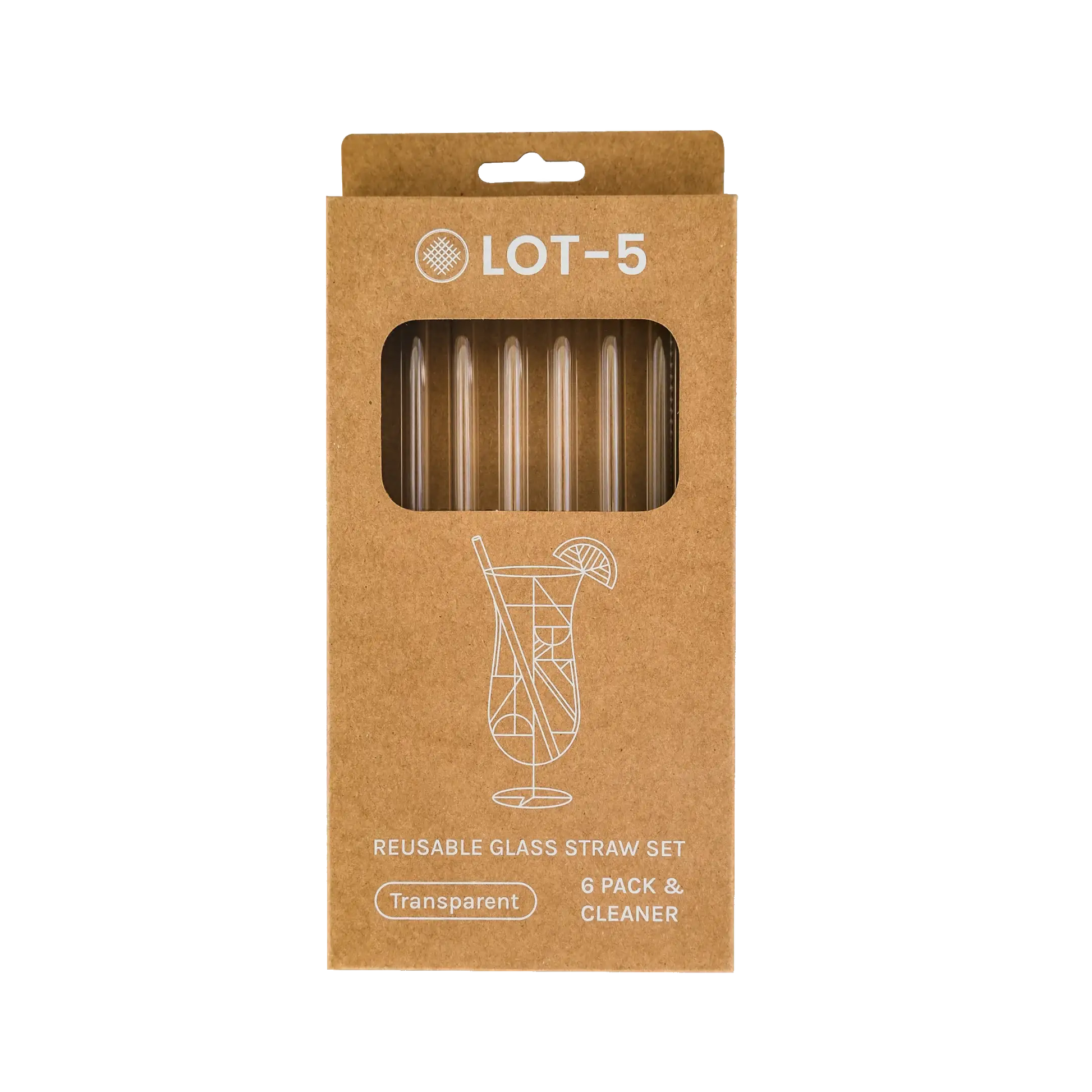 Box of transparent reusable glass straws, six-pack with cleaner, visible through window