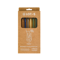 Front view of a boxed set of six multicolored reusable glass straws, labeled 'LOT-5'