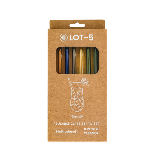 Front view of a boxed set of six multicolored reusable glass straws, labeled 'LOT-5'