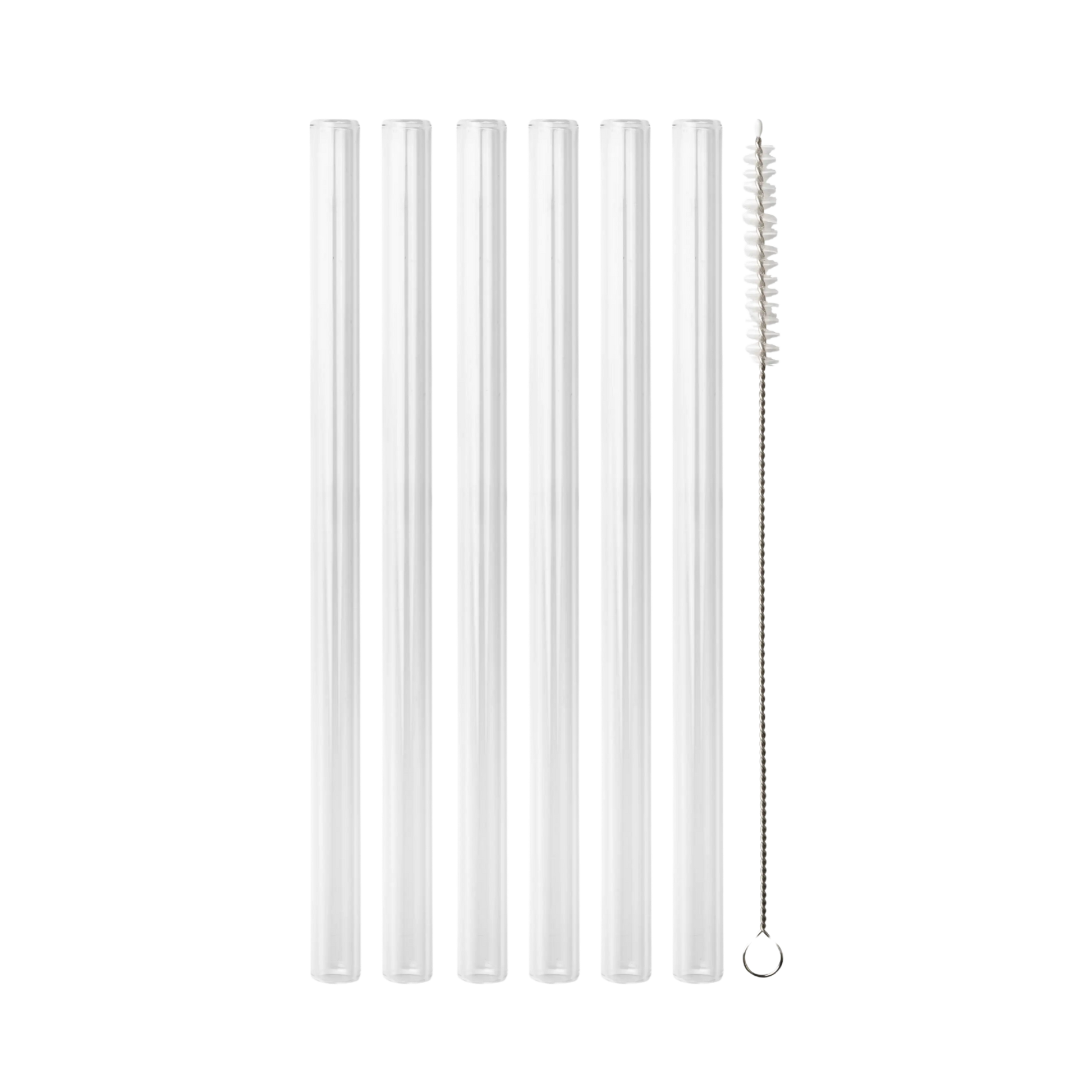 Six clear reusable straws with metal cleaning brush on black background