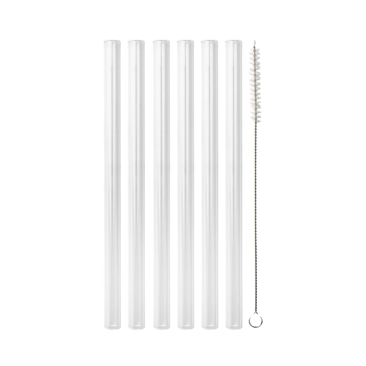 Six clear reusable straws with metal cleaning brush on black background