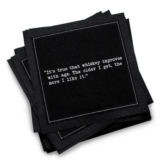 Five Star Napkins White Cotton Cocktail Napkins, stack of black square cocktail napkins with white background, 100% Organic Cotton, 4.5" x 4.5", Single Use, 50 Units Per Pack with 25 Unique Whiskey Drinking Quotes