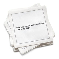 Stack of white cotton cocktail napkins with black Dog Quote - Five Star Napkins on a white background