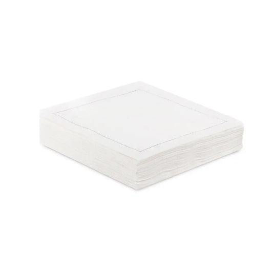 Stack of organic cotton cocktail napkins in Linen White color with stitched border