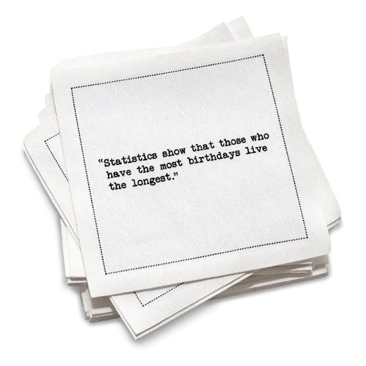White luxury cocktail napkin with black birthday quote, organic cotton by Five Star Napkins