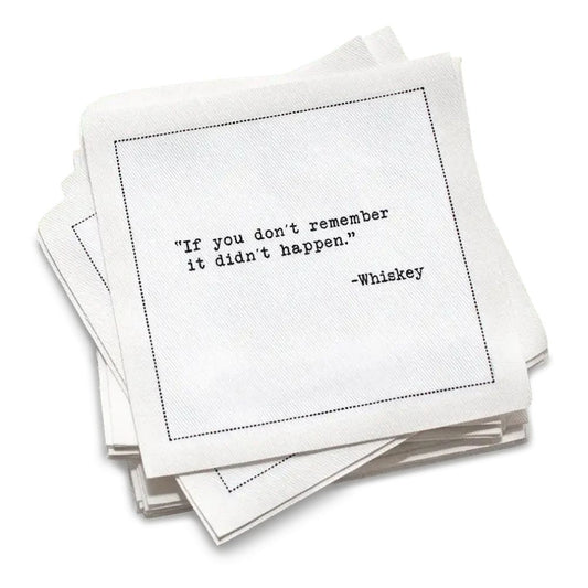 Five Star Napkins White Cotton Cocktail Napkins, stack of White square cocktail napkins with white background, 100% Organic Cotton, 4.5" x 4.5", Single Use, 50 Units Per Pack with 25 Unique Whiskey Drinking Quotes