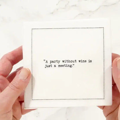 Five Star Napkins White Cotton Cocktail Napkins, video showing stack of white square cocktail napkins close up, 100% Organic Cotton, 4.5" x 4.5", Single Use, 50 Units Per Pack with 25 Unique Wine Drinking Quotes