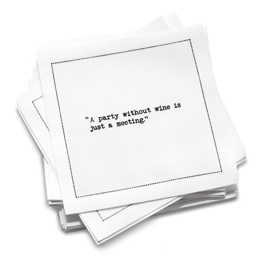 White cotton cocktail napkin printed with a wine quote
