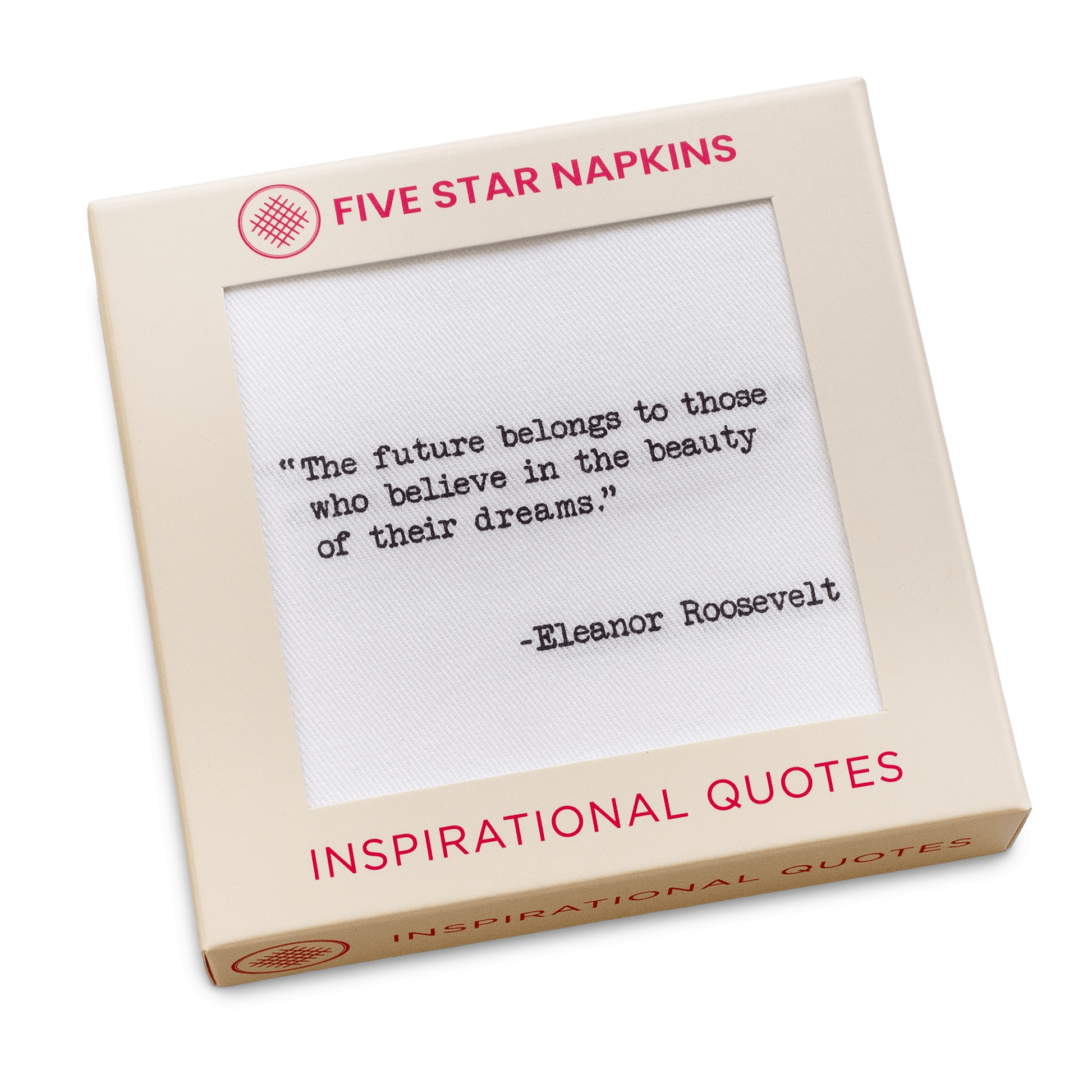 Five Star Napkins luxury cocktail napkins box with inspirational quote by Eleanor Roosevelt