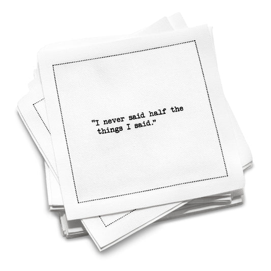 Organic cotton cocktail napkin stack printed with the quote “I never said half the things I said,” – Yogi Berra, from Five Star Napkins’ Yogi Berra quote collection.