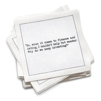 Stack of white cotton cocktail napkins with Carrie Bradshaw Quotes, with black text on a white background