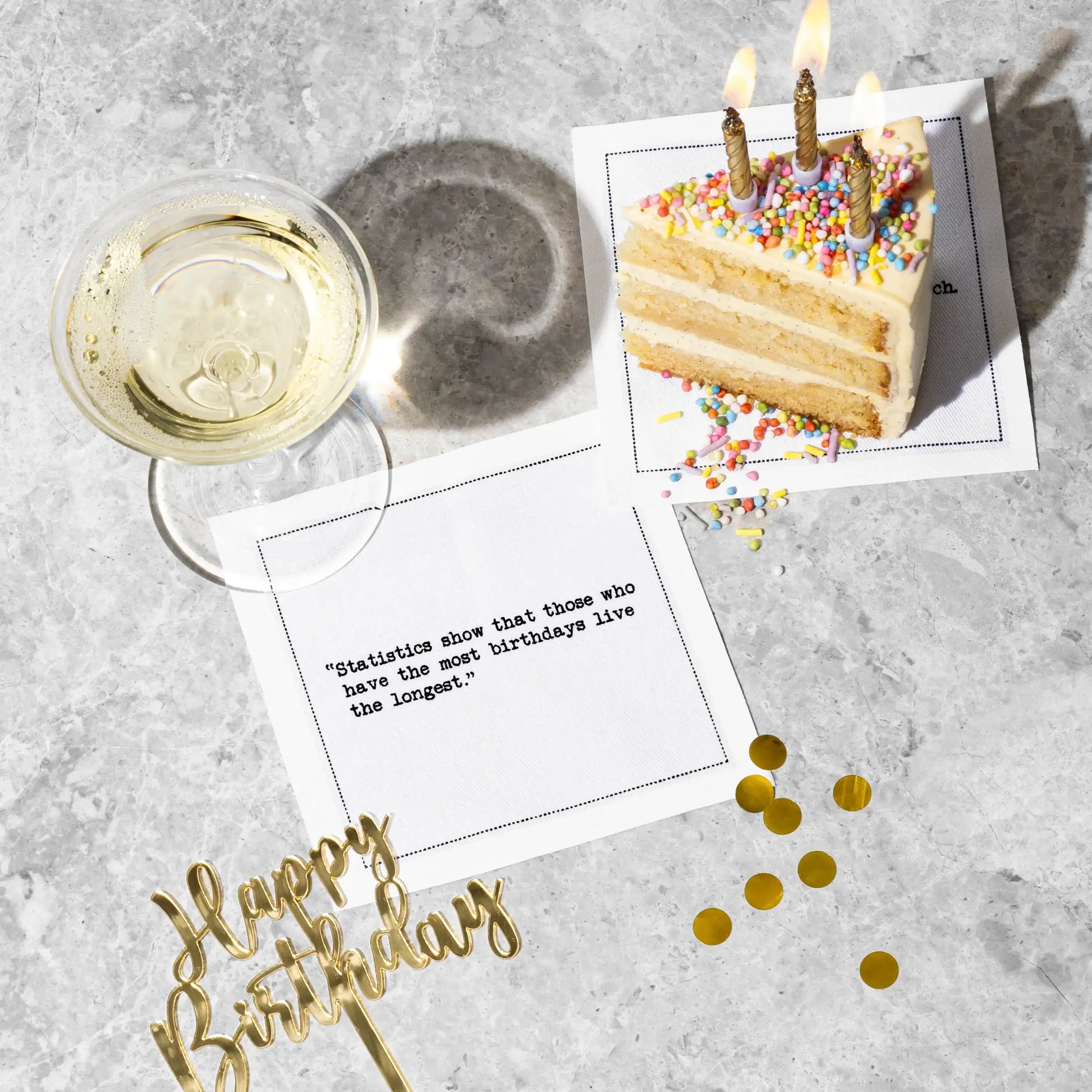 Five Star Napkins Generic Birthday Quotes, Cocktail Napkins, White singular napkin with birthday quote with wine and cake, 100% Organic Cotton, 4.5” x 4.5”, 50 Napkins per pack with 25 unique quotes