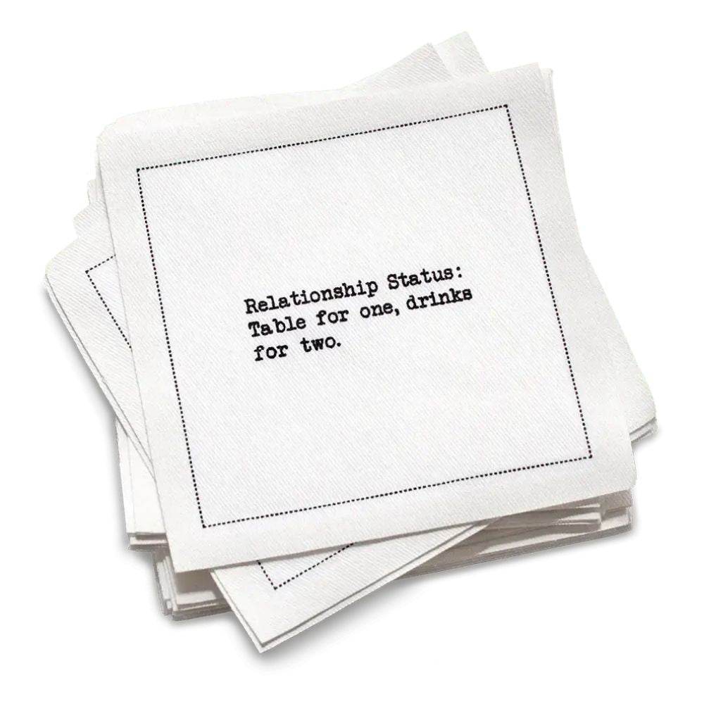 Stack of white cocktail napkins with black text on a white background | Relationship Quotes Napkins - Case - Five Star Napkins