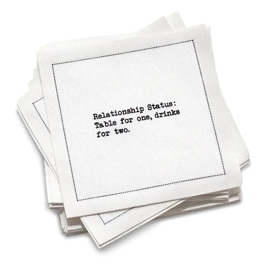 Stack of white cocktail napkins with black text on a white background | Relationship Quotes Napkins - Case - Five Star Napkins